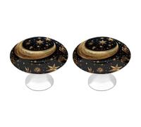Golden Stars and Moon - Confezione da 2 pomelli rotondi per cassettiera, con motivo stampato, per armadietti, cassetti da cucina, in acciaio inox, con foro singolo
