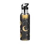 Golden Sun Moon - Borraccia termica in acciaio inox con cannuccia, 590 ml, a prova di perdite, senza BPA, con cannuccia