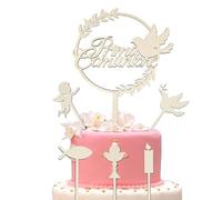Goldenland Toppers per Torta Prima Comunione, 6pz Bambini In legno Cake Topper, Calice Pesce Angeli Colombe Candele, per Decorazione Torta Prima Comunione, Decorazioni per Cupcake