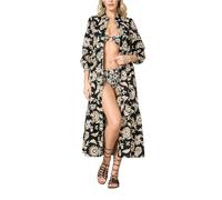 Goldenpoint Donna Copricostume Estivo Exotic Garden - Abito Chemisier Lungo con Maniche Lunghe e Apertura Frontale con Bottoni in Cotone Fantasia Floreale Taglia L Colore Nero