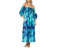Goldenpoint Donna Copricostume Estivo Oasis - Abito Lungo con Maniche Lunghe e Scollo Bardot in Cotone Fantasia Astratta Taglia L Colore Blu