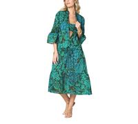Goldenpoint Donna Copricostume Estivo Rainforest - Maxi Abito Chemisier Lungo con Maniche 3/4 e Apertura Frontale con Bottoni in Cotone Fantasia Tropical Bicolor Taglia M Colore Verde