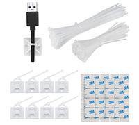 GOLDEROC Confezione Da 200 Fascette Plastica Bianche Con 100 Pezzi Fermacavi Adesivi Ferma Cavi Adesivi, Set Di Fascette Nylon Supporto Per Cavi Per Casa E Ufficio Riparazione