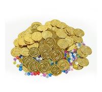 GOLDEROC Set di 220 monete d'oro dei pirati, 100 gemme, 20 perle artificiali, monete d'oro per bambini, compleanno dei bambini, decorazione per feste dei pirati e caccia al tesoro
