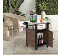 Goldicoo Carrello da portata con ruote per esterni, in rattan con secchiello per il ghiaccio, carrello da cucina con armadio e piastra in acciaio, ruote bloccabili, carrello per giardino, terrazze