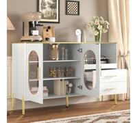 Goldicoo Credenza con 2 cassetti e 2 ante in vetro, bianco con accenti dorati, MDF, 140 x 38 x 90 cm, moderna, per soggiorno, sala da pranzo, corridoio