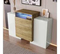 Goldicoo Credenza moderna, 140 cm, con illuminazione a LED, bianco lucido e legno, MDF, 140 x 30 x 77,5 cm