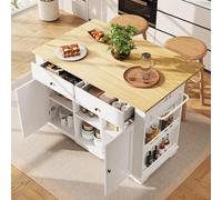 Goldicoo Isola da cucina con ciabatta, carrello da cucina pieghevole, 151,5 x 59,7 x 91,7 cm, bianco e naturale, MDF e metallo, 2 cassetti, 6 scomparti, 5 ruote