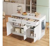 Goldicoo Isola da cucina con prese e porte USB, 120 x 60 x 91 cm, bianco, MDF, area bancone bar, ripiani regolabili, portasciugamani