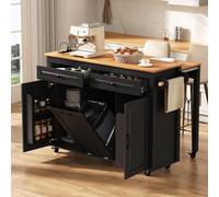 Goldicoo Isola da cucina su ruote, allungabile, con piano di lavoro e scomparto per il contenitore dei rifiuti, ciabattine, 120 x 40 x 92 cm, MDF, nero