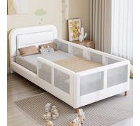 Goldicoo Lettino da pavimento a piattaforma con ringhiera di sicurezza, 90 x 200 cm, bianco, MDF e tessuto PU, testiera imbottita per bambini