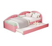 Goldicoo Lettino per bambini 90 x 200 cm, per ragazze e ragazzi - Letto imbottito con rete a doghe e letto estraibile - Rosa/ecopelle