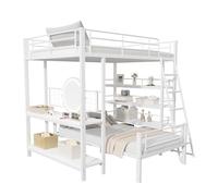 Goldicoo Letto a castello in metallo, 2 bambini, 140 x 200 cm, 90 x 200 cm, letto a soppalco con letti singoli inferiori, scaletta stabile, letto per ragazzi con scrivania e scaffale aperto