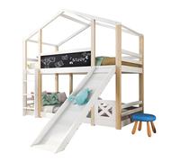 Goldicoo Letto a castello per 2 bambini, 90 x 200 cm, in legno, a forma di casa, con scivolo, letto a soppalco con scaletta