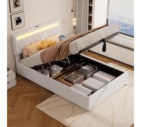Goldicoo Letto imbottito a LED con vano portaoggetti, 140 x 200 cm, sistema di sollevamento idraulico, porte USB e tipo C, telecomando con 24 tasti, luce ambientale, bianco, lino e MDF