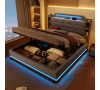 Goldicoo Letto imbottito con striscia luminosa a LED, 140 x 200 cm, spazio idraulico, porte USB e Type-C, tessuto di lino grigio, struttura del letto con ripiani, 216 x 141 x 115 cm