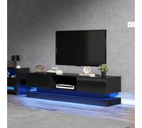 Goldicoo Lowboard TV con illuminazione a LED, nero lucido, 160 x 35 x 40,5 cm, 2 cassetti, controllo app, design anti-ribaltamento, per TV da 60 pollici