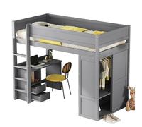 GoldiCoo Medio letto a soppalco 90x200 legno per bambini bambini giovani con scrivania e scale, culla con armadio e cassetti