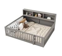 Goldicoo Montessori - Lettino da pavimento 140 x 200 cm, con protezione anti-caduta, rete a doghe, libreria e ripostiglio, lettino con porta in legno