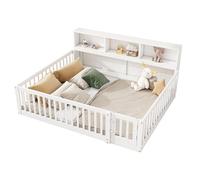 Goldicoo Montessori - Lettino da pavimento 140 x 200 cm, con protezione anti-caduta, rete a doghe, libreria e ripostiglio, lettino con porta in legno