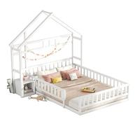 Goldicoo Montessori Letto a pavimento 140 x 190 - Lettino per bambini in legno con protezione anti-caduta, rete a doghe, comodino e mensola, lettino a griglia