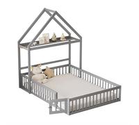 Goldicoo Montessori Letto a pavimento 140 x 200 - Lettino per bambini in legno con protezione anticaduta, rete a doghe e mensola, lettino con anta