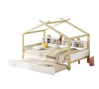 Goldicoo Montessori Letto Casa 140X200 con Letto Estraibile 90X180 - Lettino per Bambini in Legno con Protezione anti-caduta e Rete a Doghe, Letto per gli ospiti Estensibile
