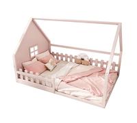 Goldicoo Montessori Letto Casa 140x200 - Lettino per Bambini in Legno con Protezione da Caduta e Rete a Doghe - Letto Pavimento con Tetto - Rosa