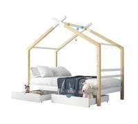 Goldicoo Montessori Letto Casa 90 X 200 con protezione anti-caduta e rete a doghe, lettino con vano portaoggetti (2 cassetti) Legno