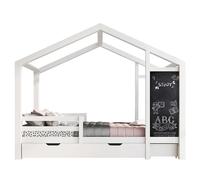 Goldicoo Montessori Letto Casa 90 X 200 con protezione anti-caduta e rete a doghe, lettino con vano portaoggetti (2 cassetti) Legno