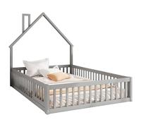 Goldicoo Montessori - Letto da pavimento 140 x 200 - Lettino per bambini in legno con protezione anti-caduta e rete a doghe, lettino con anta