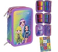 Goldkids Astuccio a 3 penne, stile Rainbow High Silver Style, 46 pezzi, astuccio riempito, penne e pennelli, incluso quaderno per le attività scolastiche, multicolore, Astuccio portapenne