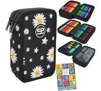 Goldkids - Astuccio a 3 scomparti - Astuccio per ragazze - Astuccio a 3 scomparti - Astuccio imbottito per la scuola e il quaderno dei compiti - Motivo margherita, nero/bianco, 3-fähig, Astuccio