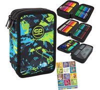 Goldkids - Astuccio a 3 scomparti - Astuccio per ragazze e ragazzi - Astuccio a 3 scomparti - Astuccio imbottito per la scuola e il quaderno dei compiti - motivo fuga, nero, verde, blu, 3-fähig,