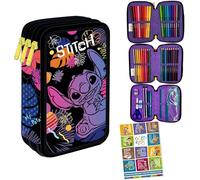 Goldkids - Astuccio a 3 scomparti - Astuccio per ragazze e ragazzi - Astuccio a 3 scomparti - Astuccio imbottito 46 pezzi - Astuccio scuola e quaderno dei compiti - Motivo Stitch, multicolore, xl,