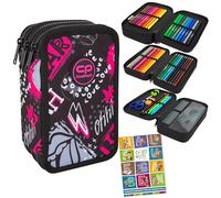 Goldkids - Astuccio a 3 scomparti - Astuccio per ragazze e ragazzi - Astuccio a 3 scomparti - Astuccio imbottito per la scuola e il quaderno dei compiti - Motivo Rock Star, Nero, grigio, rosso.,