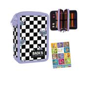 Goldkids - Astuccio a 3 scomparti - Astuccio per ragazze e ragazzi - Astuccio a 3 scomparti - Astuccio imbottito per studenti e compiti a casa - Motivo a scacchiera con motivo a pipistrello