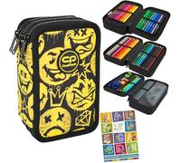 Goldkids - Astuccio a 3 scomparti - Astuccio per ragazze e ragazzi - Astuccio a 3 scomparti - Astuccio imbottito per la scuola e il quaderno dei compiti a casa - Be Happy Motivo, nero/giallo, 3-fähig,