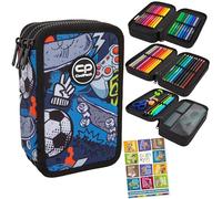 Goldkids - Astuccio a 3 scomparti - Astuccio per ragazzi - Astuccio a 3 scomparti - Astuccio imbottito per la scuola e il quaderno dei compiti - motivo calcio, Blu, 3-fähig, Astuccio