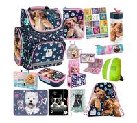 Goldkids - Set di 15 zaini per la scuola per ragazzi e ragazze, zaino per la scuola per bambini con astuccio - Borsa per scarpe borraccia e contenitore per il pranzo - Motivo cane - 1-3 gradi