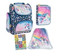 Goldkids - Set di 4 zaini per la scuola per ragazzi e ragazze, zaino per la scuola per bambini con astuccio - Borsa per scarpe e quaderno per i compiti - Motivo unicorno - 1-3 classe