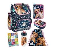 Goldkids - Set di 6 zaini per la scuola per ragazzi e ragazze - Zaino scuola per bambini con astuccio - Borsa per scarpe borraccia e contenitore per il pranzo - Motivo cane - 1 - 3 gradi
