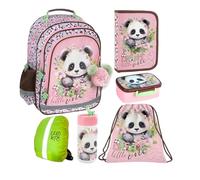 Goldkids - Set di 6 zaini per la scuola per ragazzi e ragazze - Zaino scuola per bambini con astuccio - Borsa per scarpe e parapioggia - Motivo Panda
