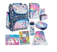 Goldkids - Set di 8 zaini per la scuola per ragazzi e ragazze, zaino per la scuola per bambini con astuccio - Borsa per scarpe borraccia e contenitore per il pranzo - Motivo unicorno - 1-3 classe
