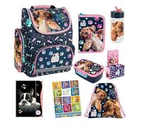Goldkids - Set di 8 zaini per la scuola per ragazzi e ragazze, zaino per la scuola per bambini con astuccio - Borsa per scarpe borraccia e contenitore per il pranzo - Motivo cane - 1-3 gradi