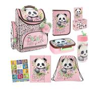 Goldkids - Set di 8 zaini per la scuola per ragazzi e ragazze, zaino per la scuola per bambini con astuccio - Borsa per scarpe borraccia e contenitore per il pranzo - Motivo Panda - 1-3 classe