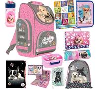 Goldkids Set XXL di 10 zaini per la scuola, astuccio per il pranzo, borsa per il pranzo, borsa per la scuola, borsa per le attività del cane, motivo cane, multicolore, Cartella per la scuola