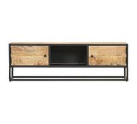 Goldonion Mobile Porta TV Mango Grezzo 130x30x40cm | Legno massello e ferro, 2 ante intagliate, 3 scomparti, stile rustico, assemblaggio richiesto