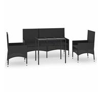 Goldonion Set Divani da Giardino 4 Pezzi Nero Polyrattan con Cuscini | Resistente agli Agenti Atmosferici, Cuscini Rimovibili, Tavolo con Piano in Vetro, Include 2 Sedie e 1 Panca