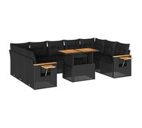 Goldonion Set Divani Giardino 10pz con Cuscini Nero in Polyrattan Acacia | Modulare, Impermeabile, Lavabile, Tavolino Laterale, per Patio Terrazza